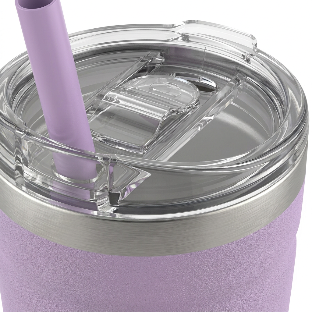 A detailed macro shot capturing the clear plastic lid, straw sliding mechanism, and brushed metallic rim of the Lavender Frost Bubba Envy S Stainless Steel Tumbler.