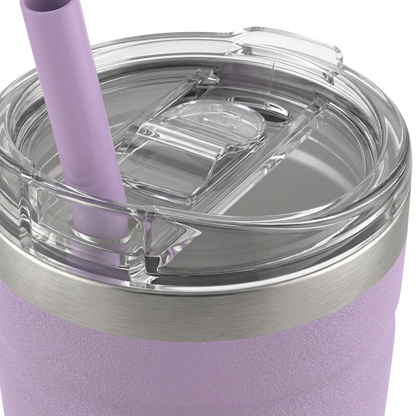A detailed macro shot capturing the clear plastic lid, straw sliding mechanism, and brushed metallic rim of the Lavender Frost Bubba Envy S Stainless Steel Tumbler.