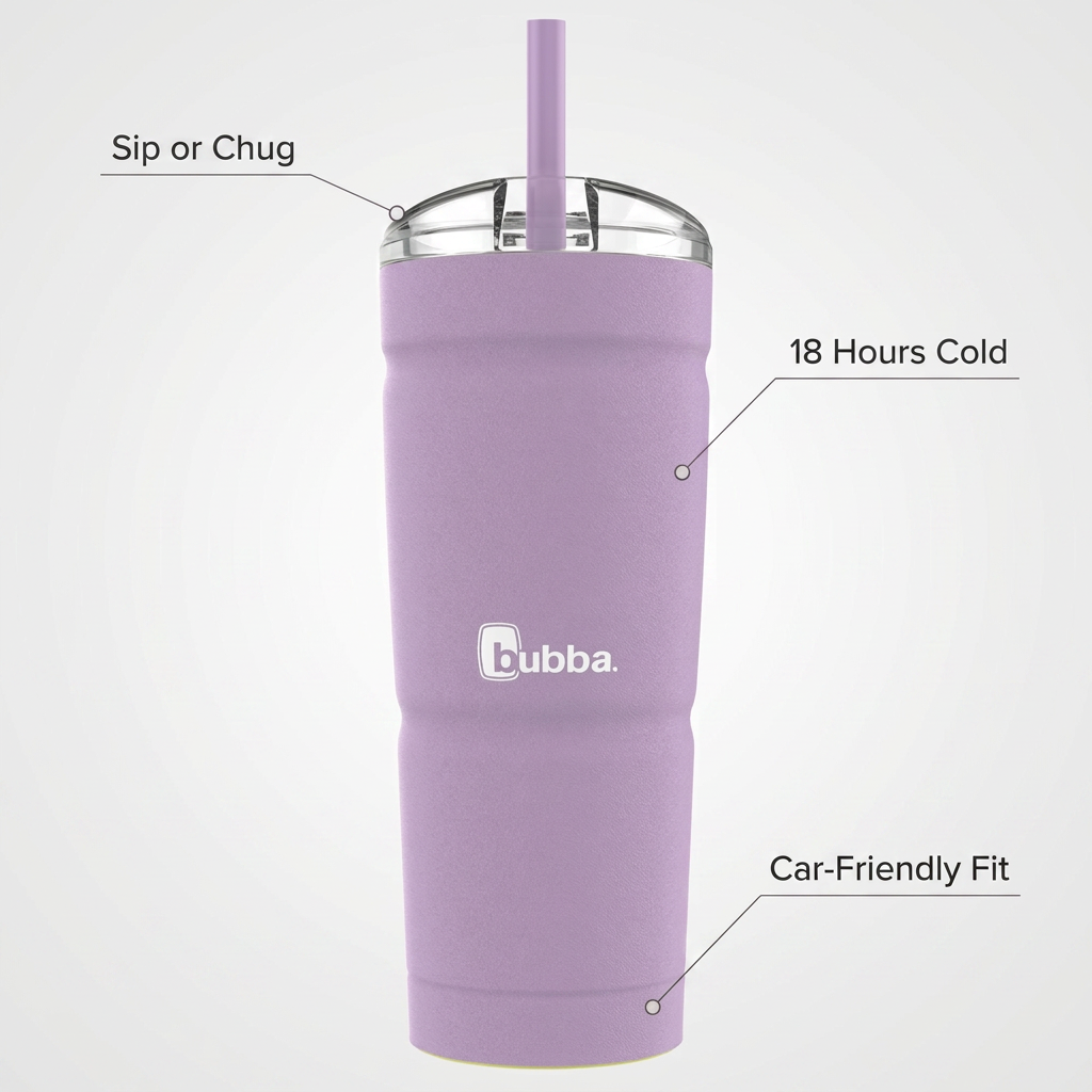 bubba Envy S 24oz Tumbler feature callouts: Sip or Chug lid, 18 Hours Cold body, Car-Friendly Fit base.