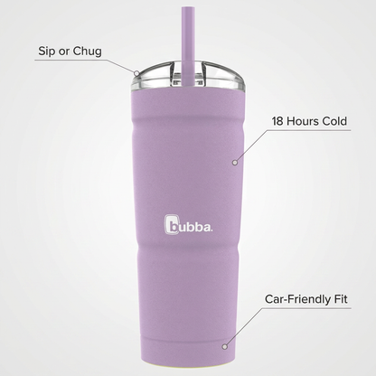 bubba Envy S 24oz Tumbler feature callouts: Sip or Chug lid, 18 Hours Cold body, Car-Friendly Fit base.