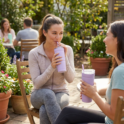 Two women smiling and drinking from Lavender Frost bubba Envy S Stainless Steel Tumblers with straws, seated at a wooden table on a sun-drenched patio with potted plants, showcasing a popular and trusted lifestyle.