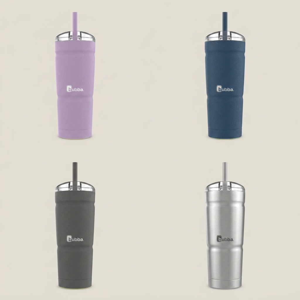 A product display page matrix showing four color variants of the Bubba Envy S Stainless Steel Tumbler: Lavender Frost, Midnight Blue, Charcoal Grey, and Brushed Stainless Steel.