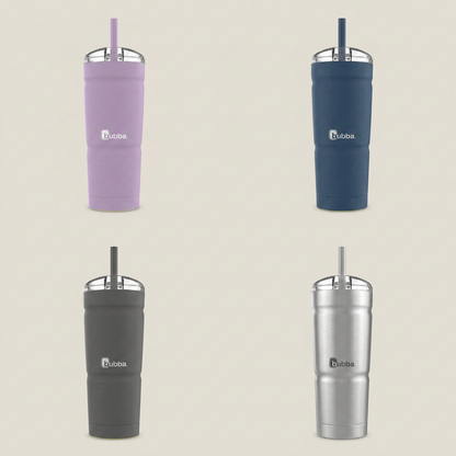 A product display page matrix showing four color variants of the Bubba Envy S Stainless Steel Tumbler: Lavender Frost, Midnight Blue, Charcoal Grey, and Brushed Stainless Steel.