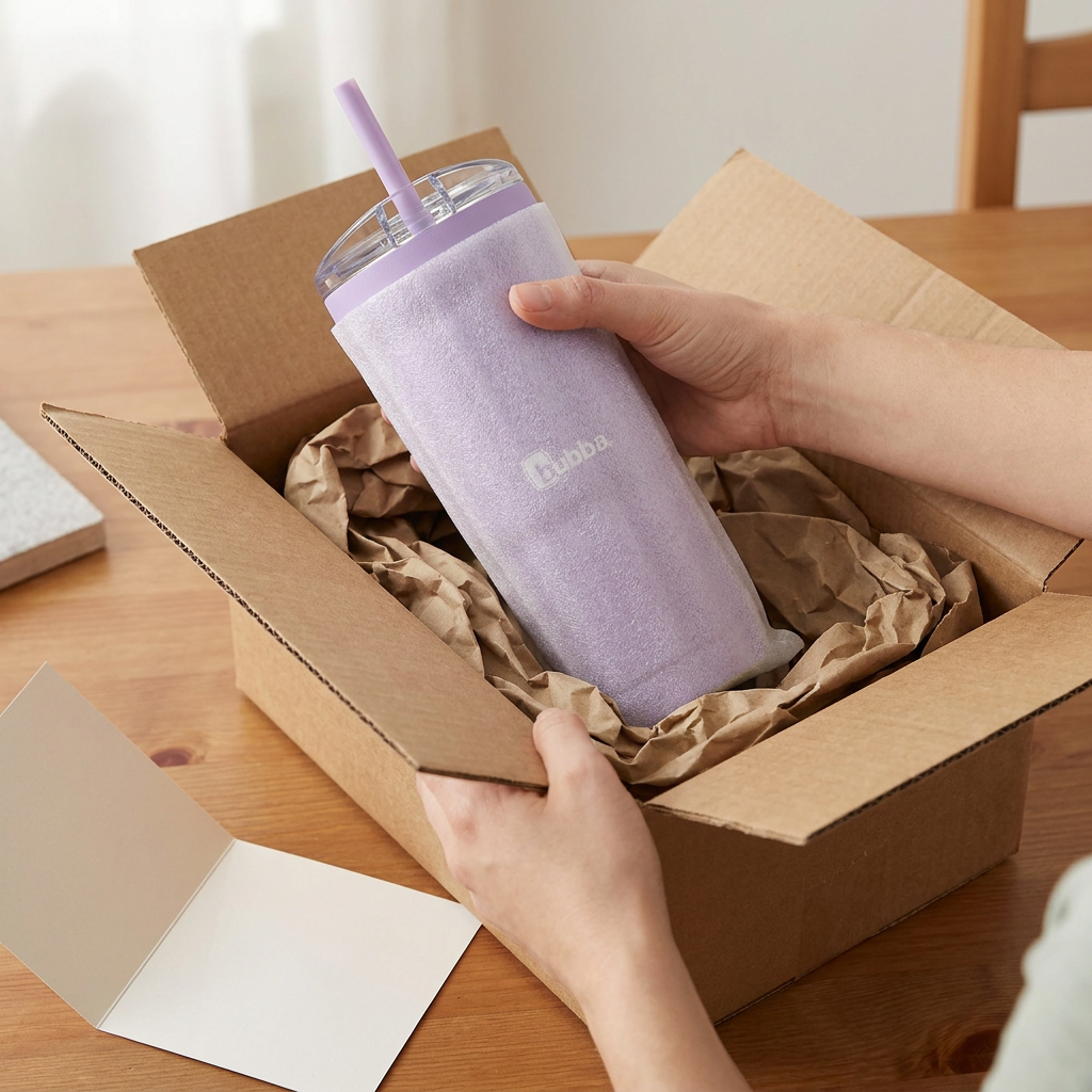 A person unearths the purple bubba Envy S tumbler from a cardboard shipping box. It is enclosed in a protective foam sleeve and nestled in recyclable paper cushioning, showcasing a secure delivery.
