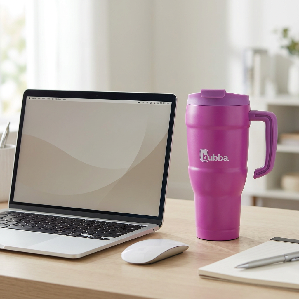 Bubba Hero XL 24oz magenta tumbler next to a standard laptop on a desk, clearly showing its large size.
