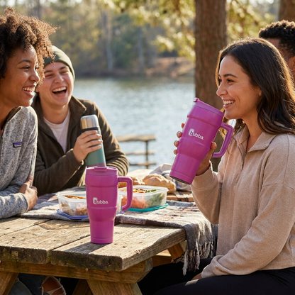 A candid group picnic scene features people laughing, with one woman holding the magenta Bubba Hero XL tumbler and another sitting on the table.