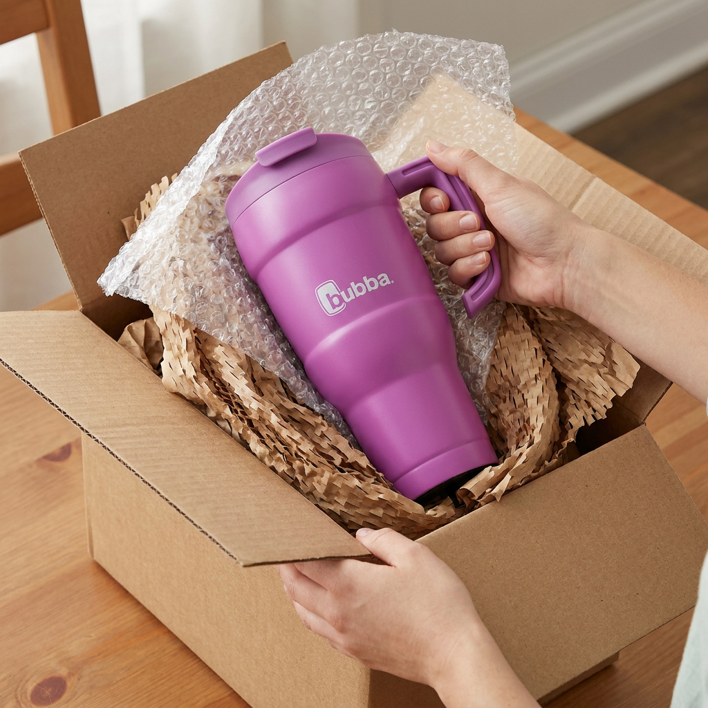 A person's hands carefully remove the Bubba Hero XL Tumbler in Magenta from a cardboard shipping box filled with bubble wrap and paper filler.