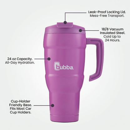 A polished e-commerce feature graphic for the magenta bubba Hero XL Tumbler, showing four operational feature callouts with pointer lines. Labels include "Leak-Proof Locking Lid. Mess-Free Transport." for the lid, "18/8 Vacuum Insulated Steel. Cold Up to 24 Hours." for the upper body, "24 oz Capacity. All-Day Hydration." for the main body, and "Cup-Holder Friendly Base. Fits Most Car Cup Holders." for the base.