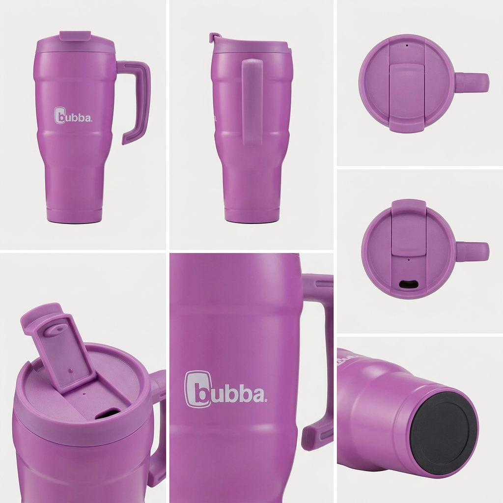 A premium six-panel grid featuring the purple Bubba Hero XL Tumbler from various angles: front view, side view, closed lid top-down, lid open with spout, close-up of the logo, and bottom view, against a light grey studio background.