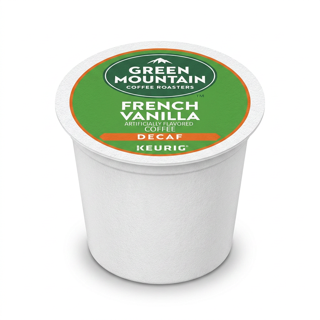 Keurig Green Mountain French Vanilla Decaf K-Cup pod, centered on a white background.