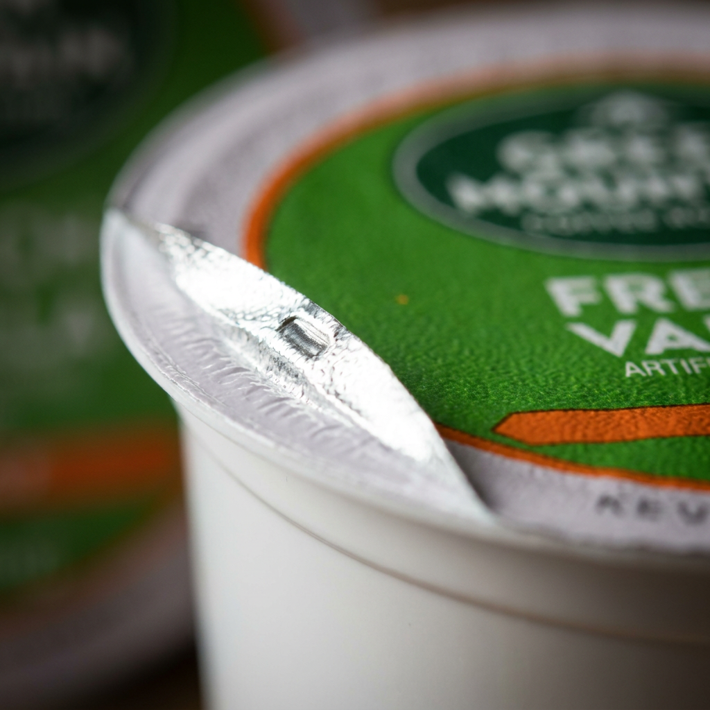 A macro photograph showing the foil lid and plastic rim of a Green Mountain French Vanilla Decaf K-Cup, with a detailed view of a single needle puncture on the seal.