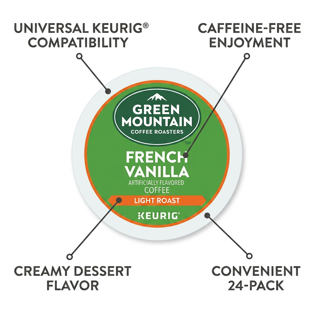 A promotional graphic for Green Mountain French Vanilla Decaf K-Cups, highlighting universal Keurig compatibility, caffeine-free enjoyment, creamy dessert flavor, and a convenient 24-pack count with pointer lines.