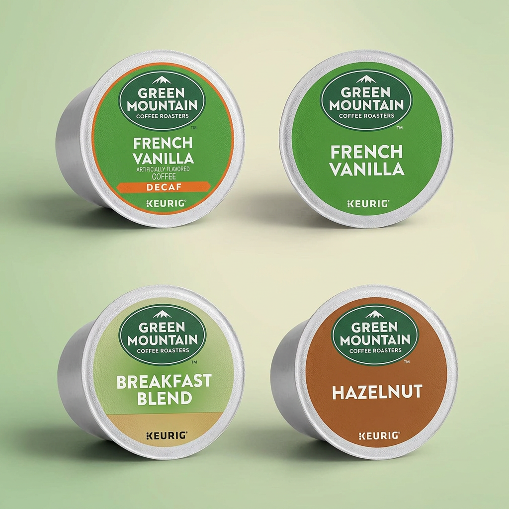 A premium ecommerce grid displaying four Keurig Green Mountain K-Cup variants. The top left is the French Vanilla Decaf (as shown in the reference), next to the caffeinated blended French Vanilla. Below them are the Breakfast Blend and Hazelnut flavors, all with distinct, brand-aligned labels.