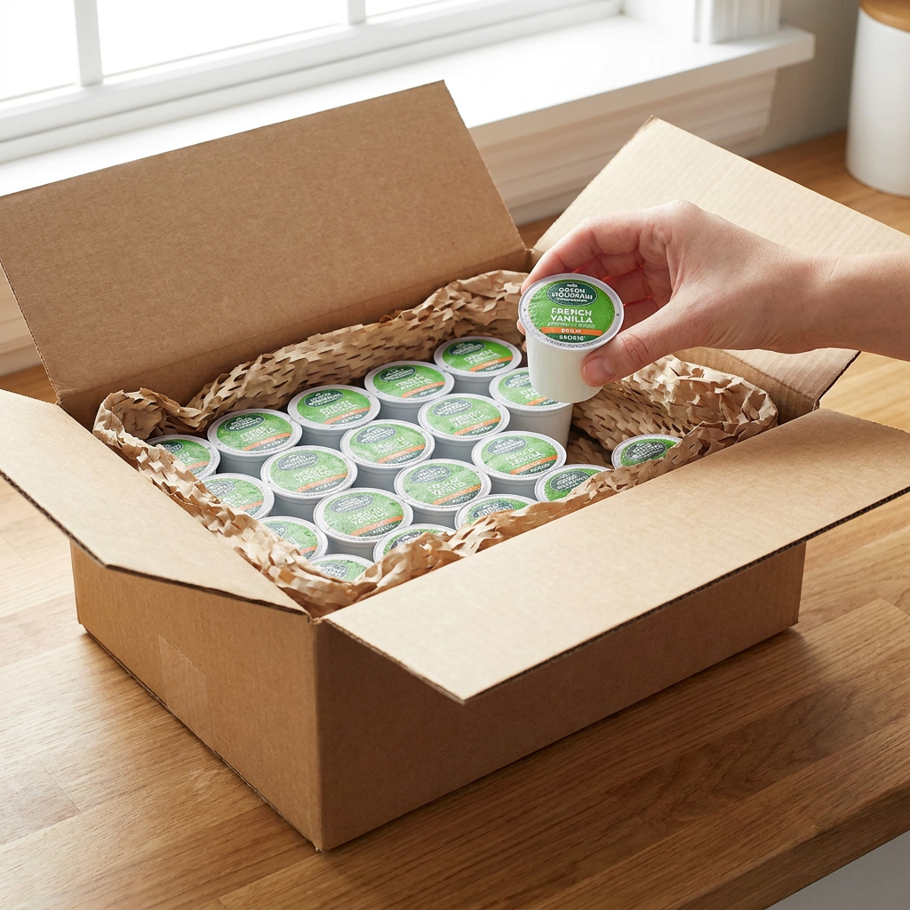 A hand lifts a Green Mountain French Vanilla Decaf K-Cup from a protective, crinkle-paper-lined cardboard shipping box.