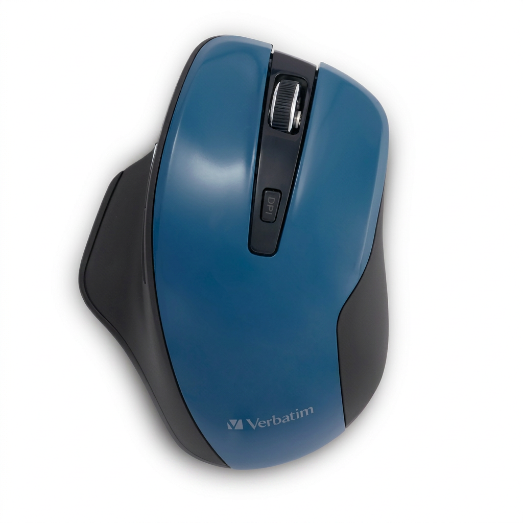 High-resolution hero shot of the Verbatim Silent Ergo Wireless Mouse in dark teal. The ergonomic mouse, complete with scroll wheel, DPI button, and Verbatim logo, is centered on a pure white background with a clean shadow.