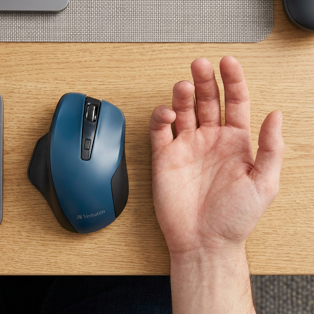 Two-shot overhead photograph comparing the Verbatim Wireless Blue LED Mouse to a human hand on a wooden desk for scale.