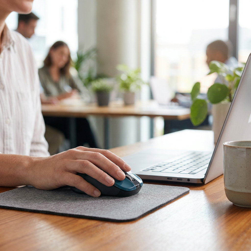 A hand uses the Verbatim Silent Ergo Wireless Mouse in dark teal on a felt mousepad at a wooden desk in a modern, sunlit co-working office.