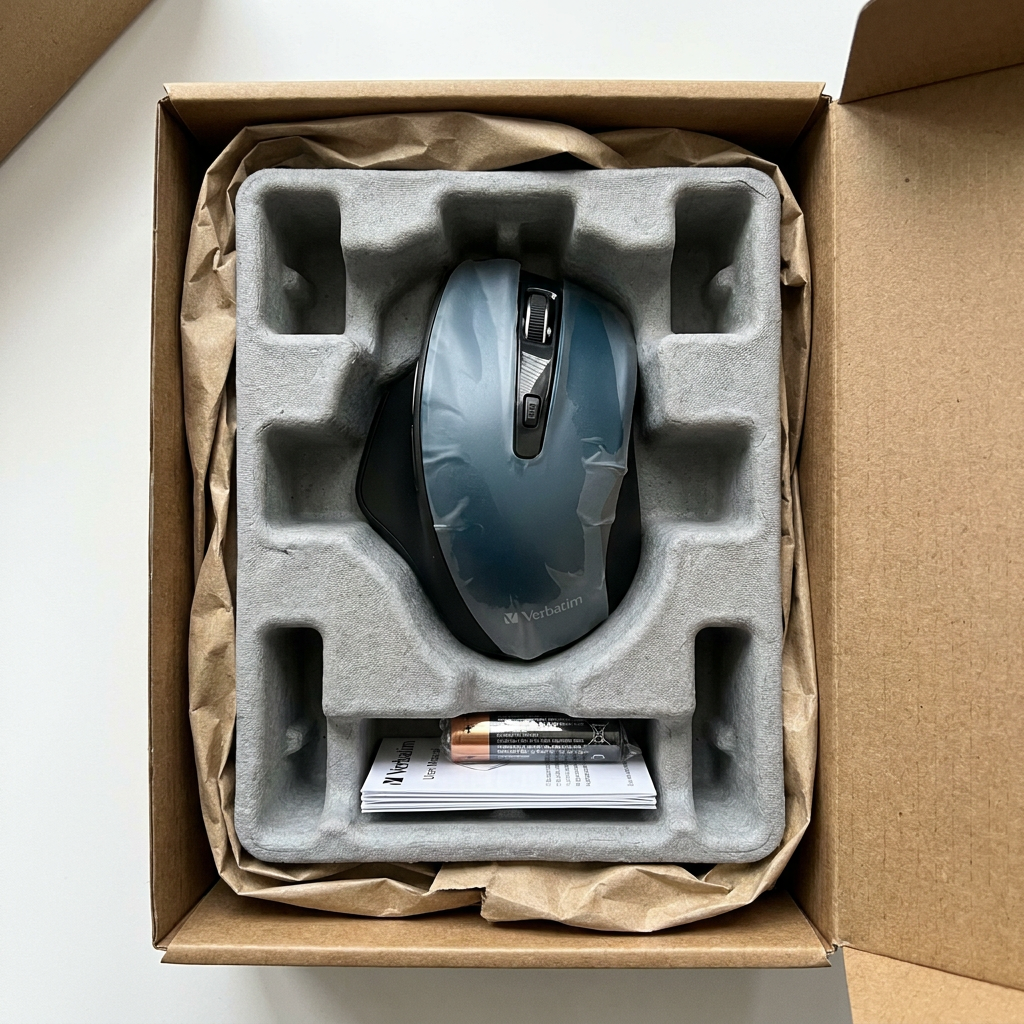 A top-down view of the Verbatim Silent Ergo Wireless mouse inside its open cardboard shipping box. The mouse, wrapped in plastic, is securely cushioned within a custom grey pulp tray, along with a AA battery and user manual.