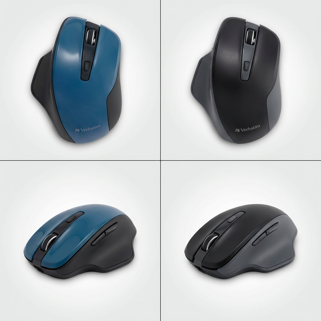 A 2x2 grid image displaying a color and angle matrix of the Verbatim Silent Ergo Wireless Mouse. The top row shows a top-down view of the teal and black variant (left) next to a new black variant (right). The bottom row shows side views of the same two color variants.
