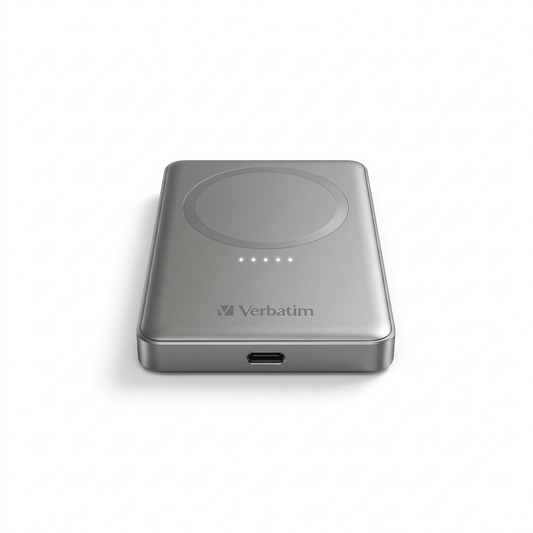 Verbatim Charge 'n' Go 5000mAh Magnetic Wireless Power Bank - Grey. High-resolution product hero image on white background.