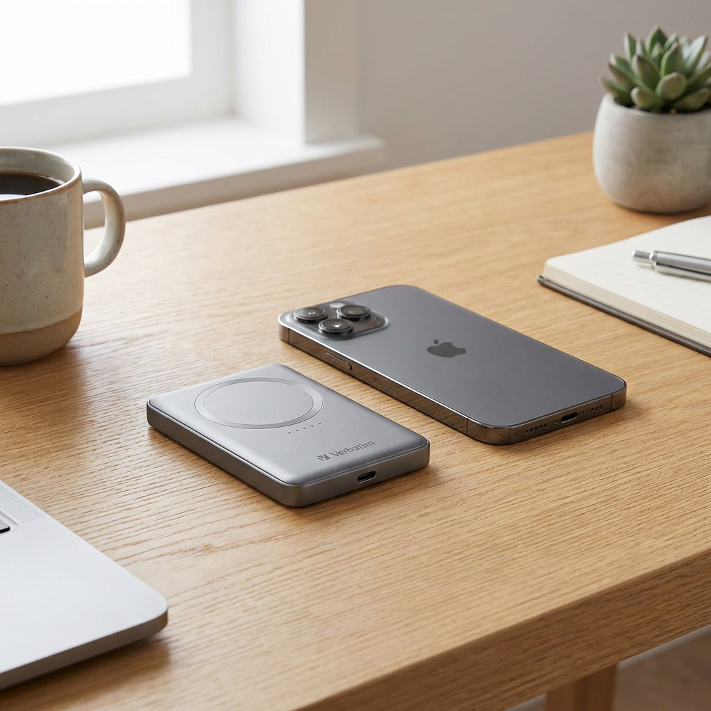 A lifestyle photograph comparing the grey Verbatim magnetic power bank to a grey iPhone 13 Pro Max on a wooden desk.