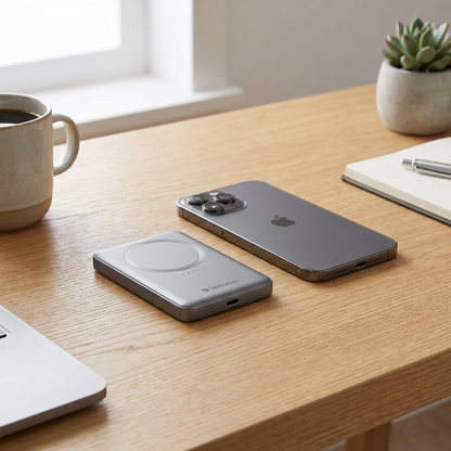 A lifestyle photograph comparing the grey Verbatim magnetic power bank to a grey iPhone 13 Pro Max on a wooden desk.