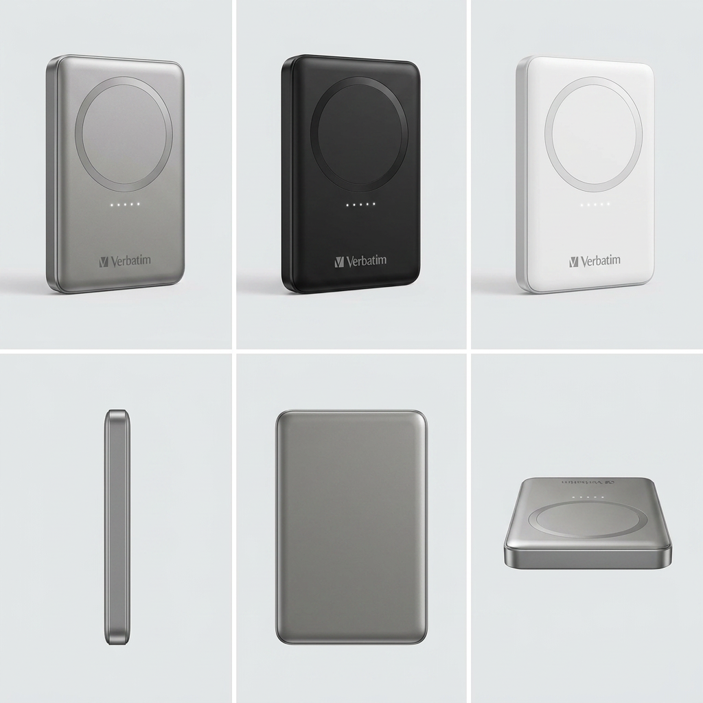 A 3x2 grid product matrix showing the Verbatim wireless power bank in grey, black, and white colors, alongside side profile, back, and top-down angle views of the grey model, against a neutral background.