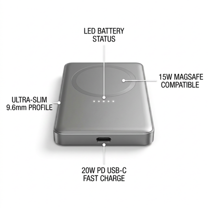 Verbatim power bank feature callout showing the 9.6mm ultra-slim design, 15W MagSafe wireless, 20W USB-C PD charging, and LED battery status indicators.