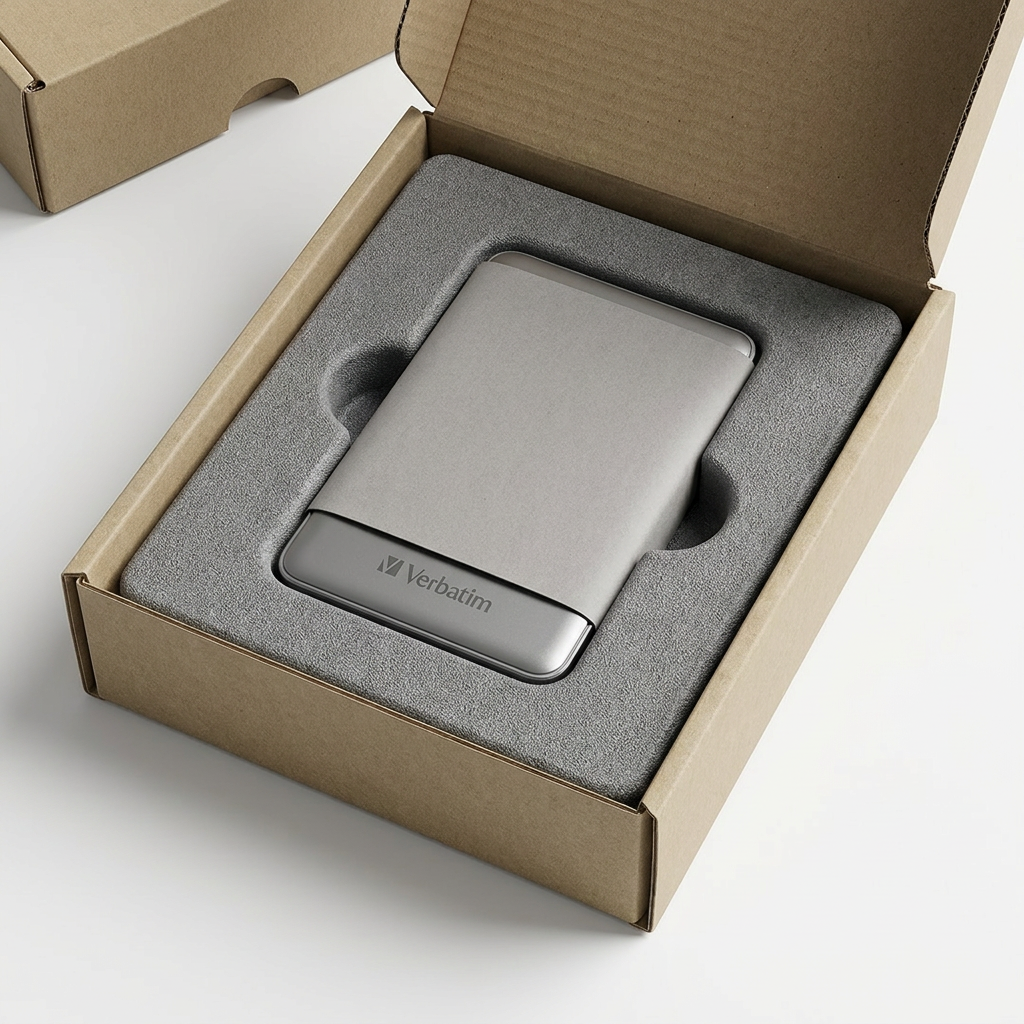 An open cardboard transit box containing the grey Verbatim magnetic power bank securely encased in a custom grey foam insert and protective sleeve.