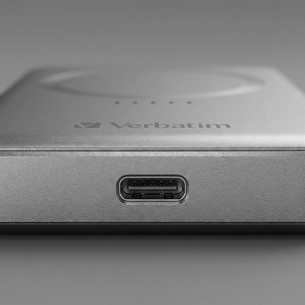 A detailed macro photograph of the Verbatim power bank, focusing on the precise texture of its grey metal casing and the internal quality of its USB-C charging port.