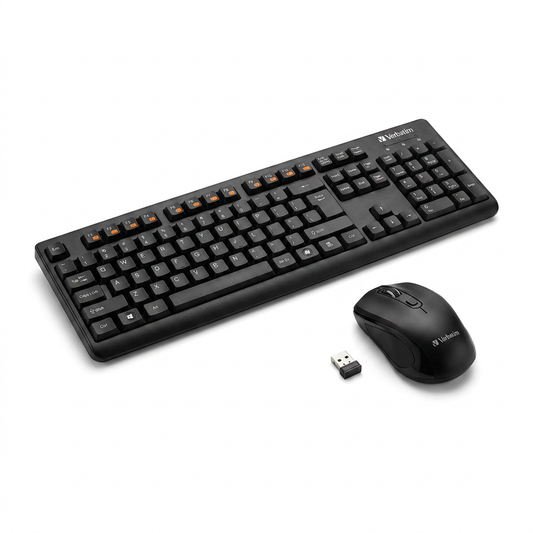 A high-resolution hero shot of the black Verbatim Wireless Keyboard and Mouse set with receiver on a pure white background.