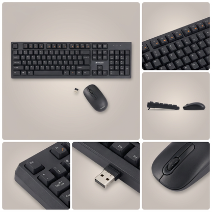 A five-panel ecommerce grid displays the black Verbatim wireless keyboard and mouse. The main panel shows the full set, while smaller panels provide close-ups of the keys, receiver, and profiles.