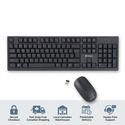Verbatim Wireless Keyboard and Mouse (70724) infographic with icons and text for secure checkout, fast Canadian shipping, local warehouses, predictable delivery, and support.