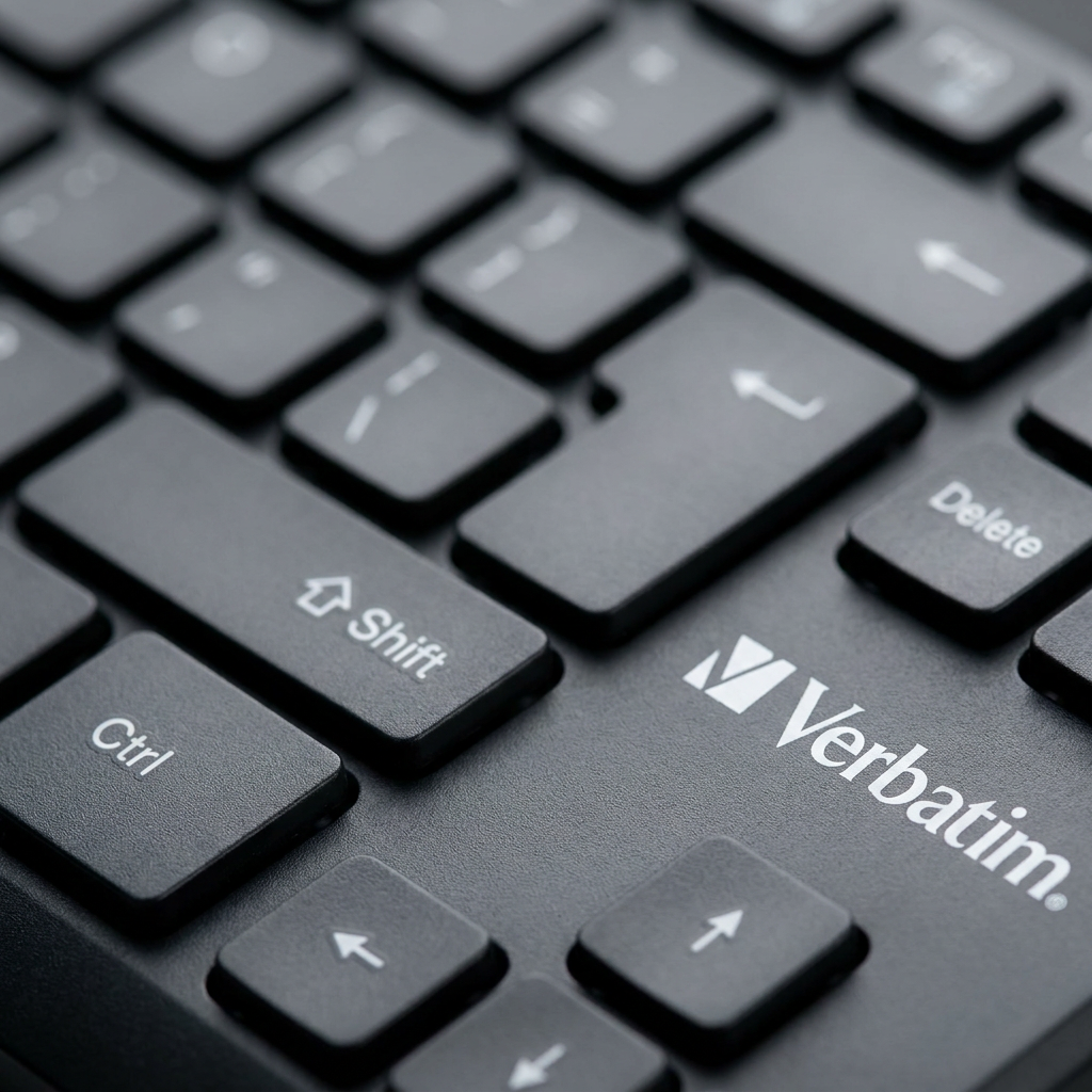 Macro photograph showing the Verbatim logo on the dark grey wireless keyboard keys.