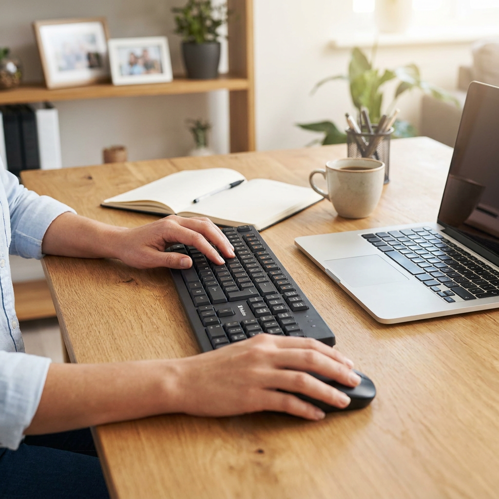 A person's hands using the Verbatim Wireless Keyboard and Mouse set on a wooden desk in a sunlit home office.
