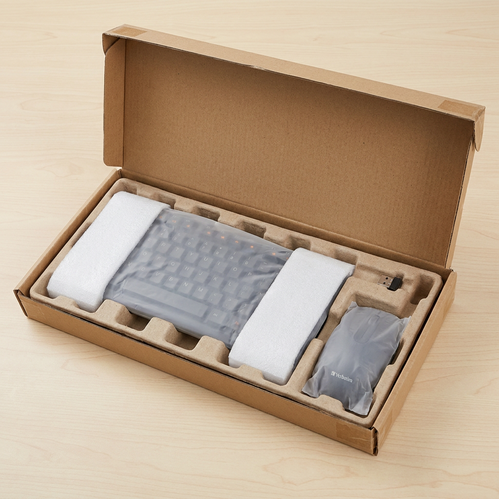 A top-down view of the Verbatim keyboard and mouse set securely packed in a cardboard shipping box with molded pulp and foam inserts.