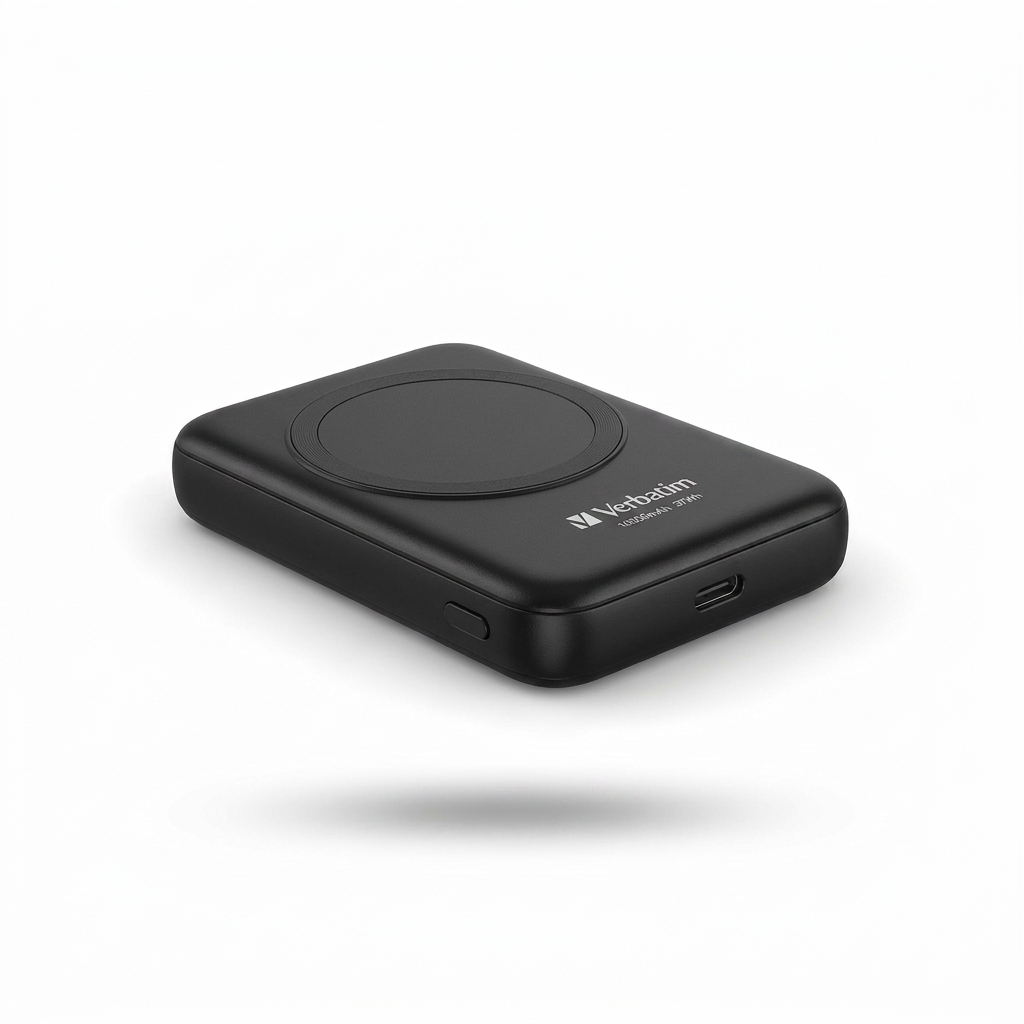 Here is the alt text for the image: A black Verbatim Charge 'n' Go 10,000 mAh portable magnetic wireless power bank, showing the top surface with the charging coil and Verbatim logo. It has a side power button and USB-C port.