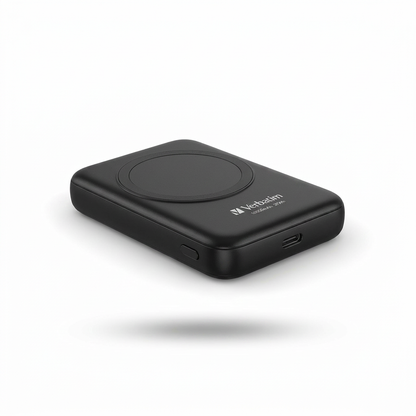 Here is the alt text for the image: A black Verbatim Charge 'n' Go 10,000 mAh portable magnetic wireless power bank, showing the top surface with the charging coil and Verbatim logo. It has a side power button and USB-C port.