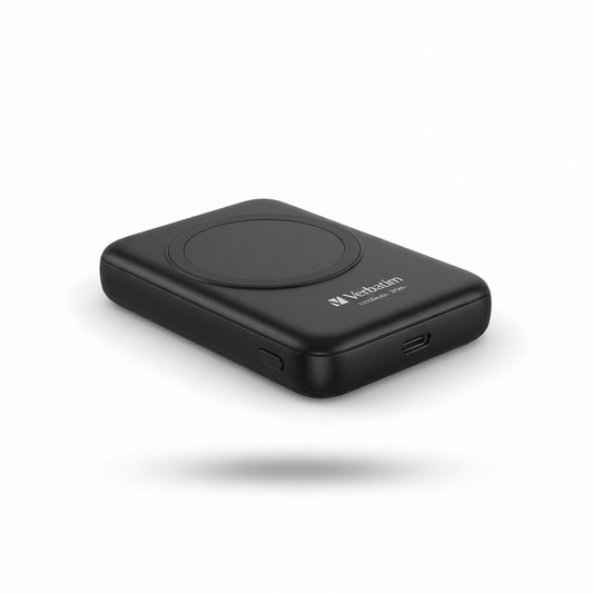 Here is the alt text for the image: A black Verbatim Charge 'n' Go 10,000 mAh portable magnetic wireless power bank, showing the top surface with the charging coil and Verbatim logo. It has a side power button and USB-C port.