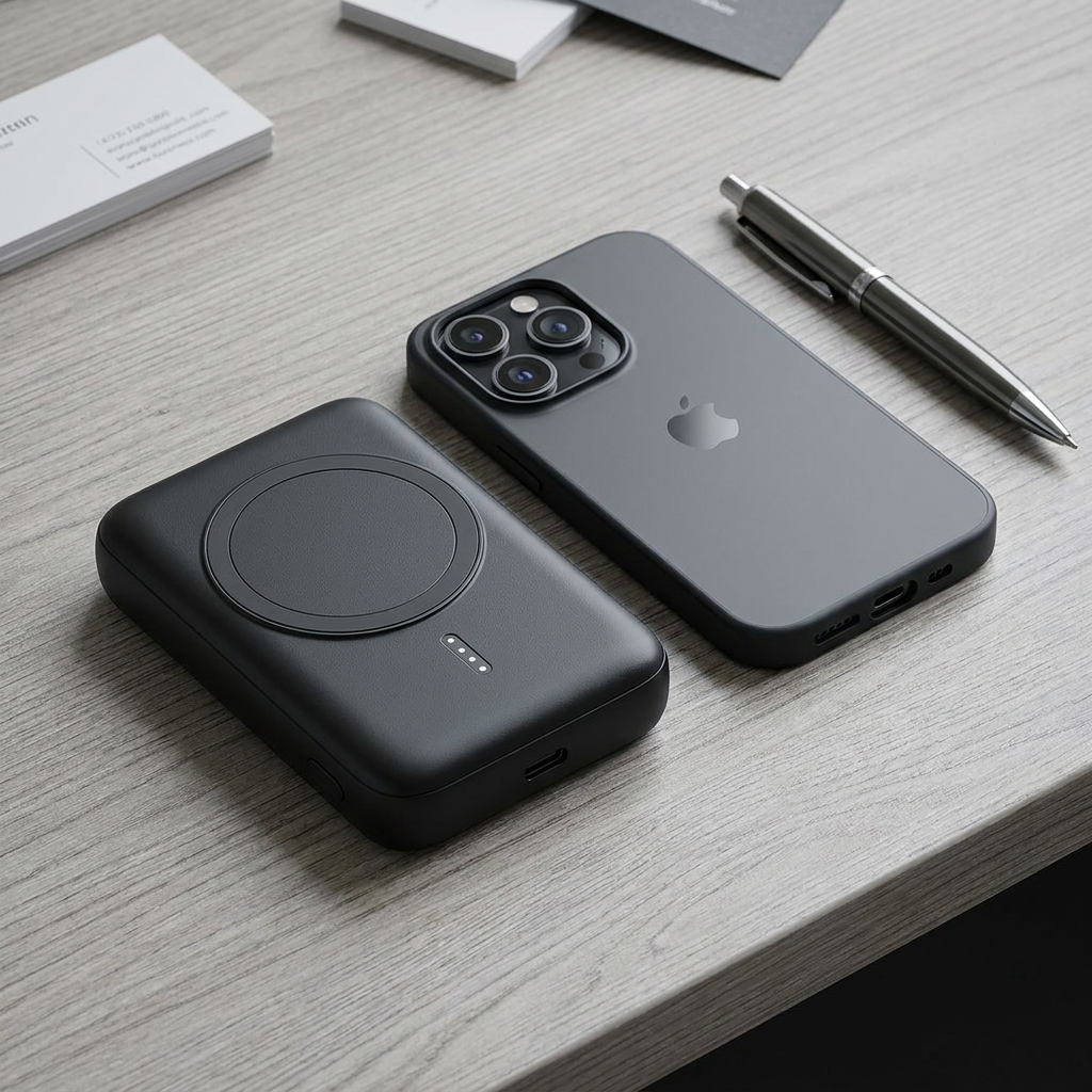 A lifestyle photograph showing the Verbatim Charge 'n' Go 10,000 mAh power bank on a grey wooden desk next to a modern smartphone for scale.