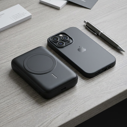 A lifestyle photograph showing the Verbatim Charge 'n' Go 10,000 mAh power bank on a grey wooden desk next to a modern smartphone for scale.