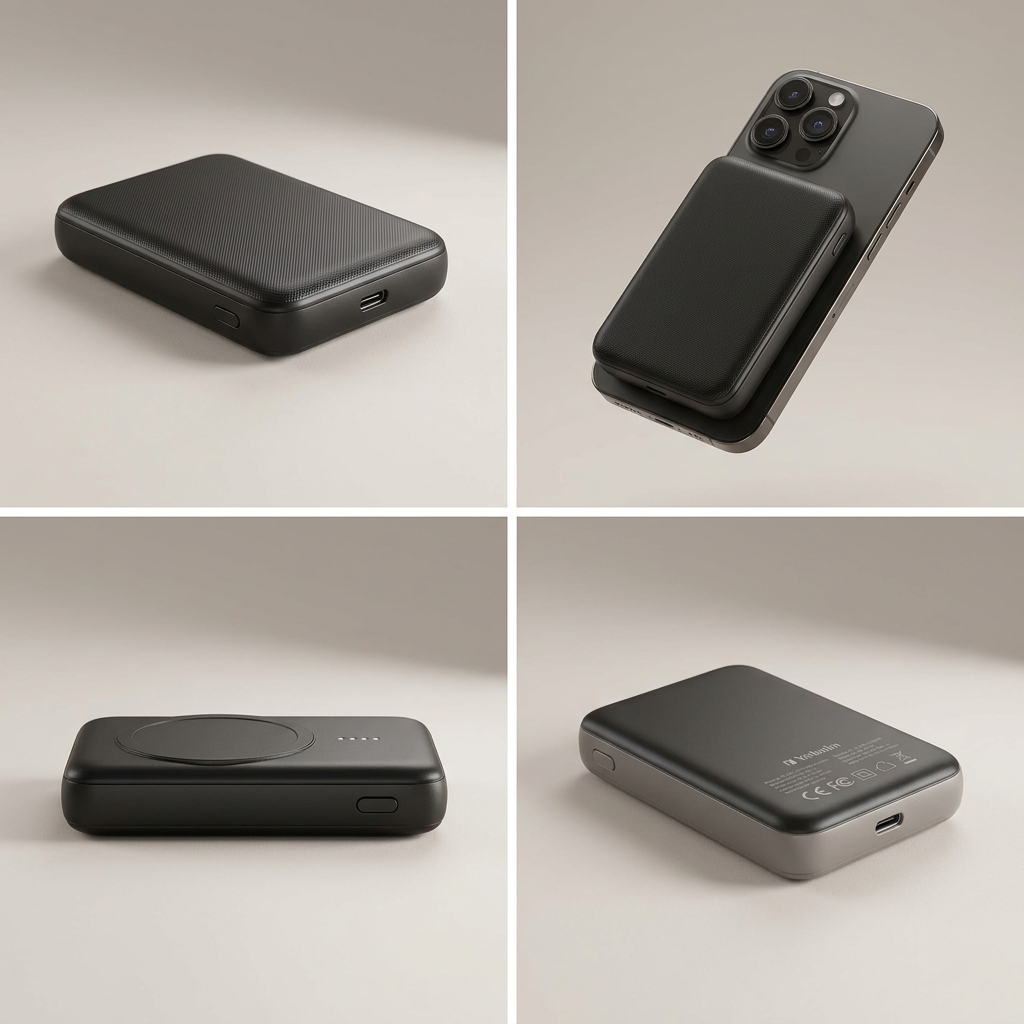 Four-panel grid showing the Verbatim Charge 'n' Go power bank from multiple angles, including attached to a phone.