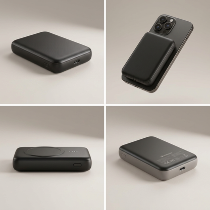 Four-panel grid showing the Verbatim Charge 'n' Go power bank from multiple angles, including attached to a phone.