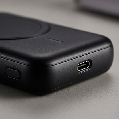 Macro photograph of the Verbatim Charge 'n' Go power bank, showing the detailed USB-C port and power button with premium lighting and realistic texture.