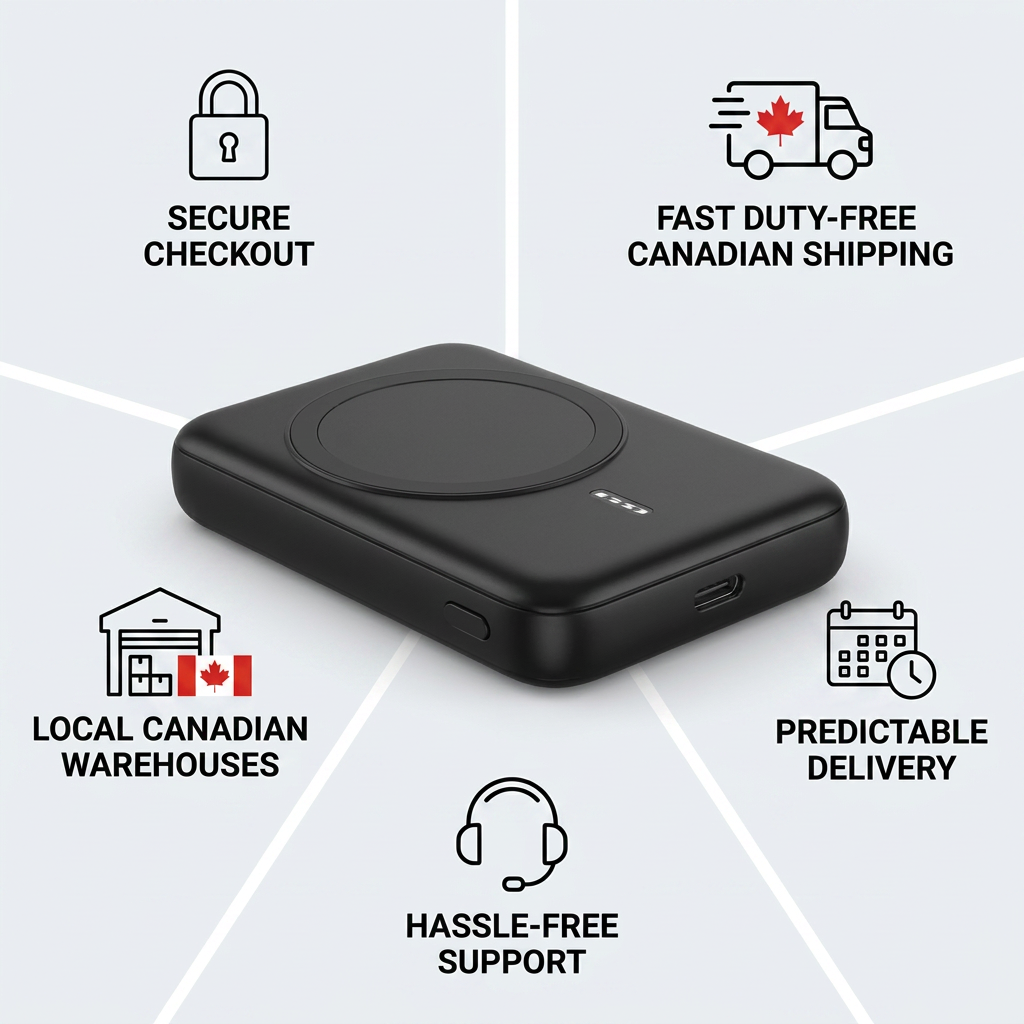 Infographic showing the Verbatim Charge 'n' Go 10,000 mAh power bank surrounded by five trust icons: Secure Checkout, Fast Duty-Free Canadian Shipping (with flag), Local Canadian Warehouses (with flag), Predictable Delivery (with calendar), and Hassle-Free Support (with headset).