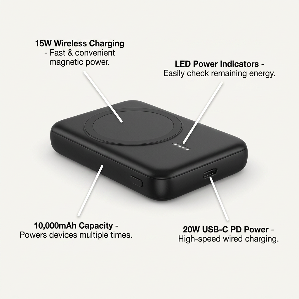 Verbatim 10,000mAh magnetic wireless power bank feature callout graphic highlighting 15W wireless charging, 20W USB-C PD power, capacity, and LED indicators with short benefit text.