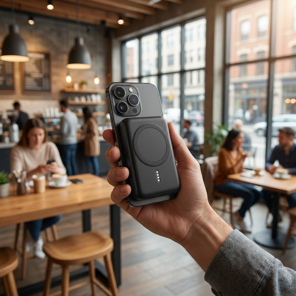 A hand holds a black iPhone with the attached Verbatim 10,000 mAh magnetic power bank, showing the charging lights, in a bustling modern cafe.