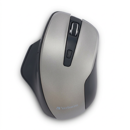 A top-down view of the Verbatim Silent Ergo Wireless Mouse in graphite and black, shown against a pure white background with a soft shadow.