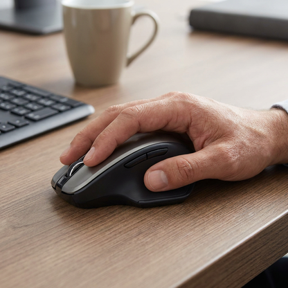 A hand holds the Verbatim Silent Ergo Wireless Mouse on a wooden office desk with a keyboard and mug.