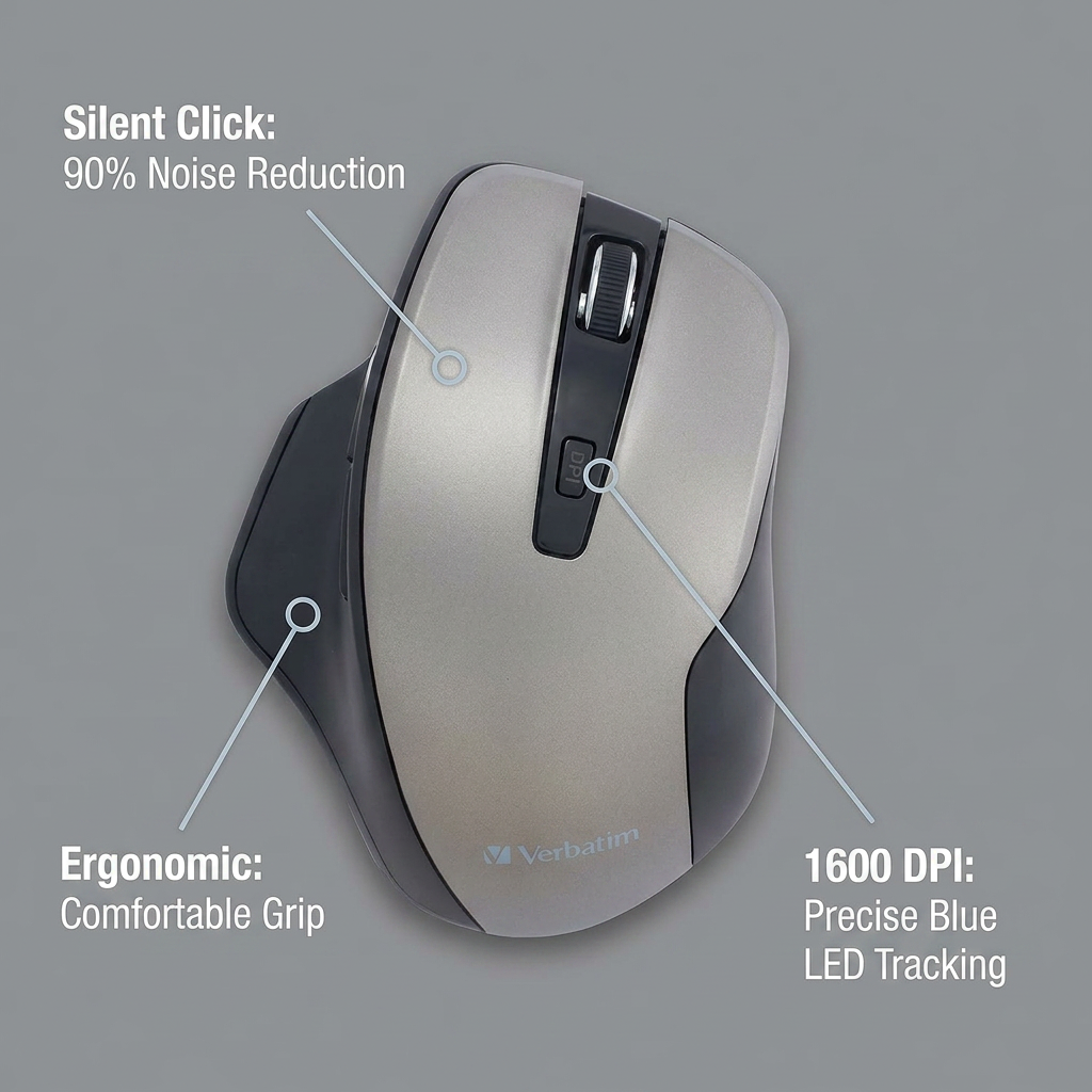 A top-down view of the Verbatim Silent Ergo Wireless Mouse with three callout labels: "Silent Click: 90% Noise Reduction," "Ergonomic: Comfortable Grip," and "1600 DPI: Precise Blue LED Tracking." Each label is connected by a thin pointer line to its corresponding feature on the mouse.